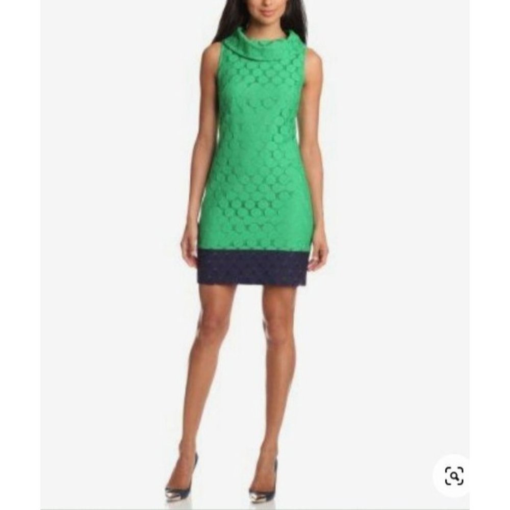 Adrianna Papell Green and Navy Sleeveless Shift Dress